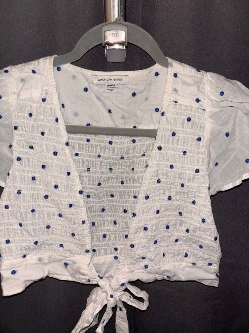 American Eagle Women's White Blue Polka Dot Smocked Tie-Front Crop Blouse Size M